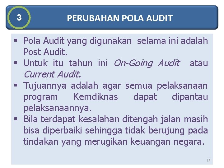 3 PERUBAHAN POLA AUDIT § Pola Audit yang digunakan selama ini adalah Post Audit.