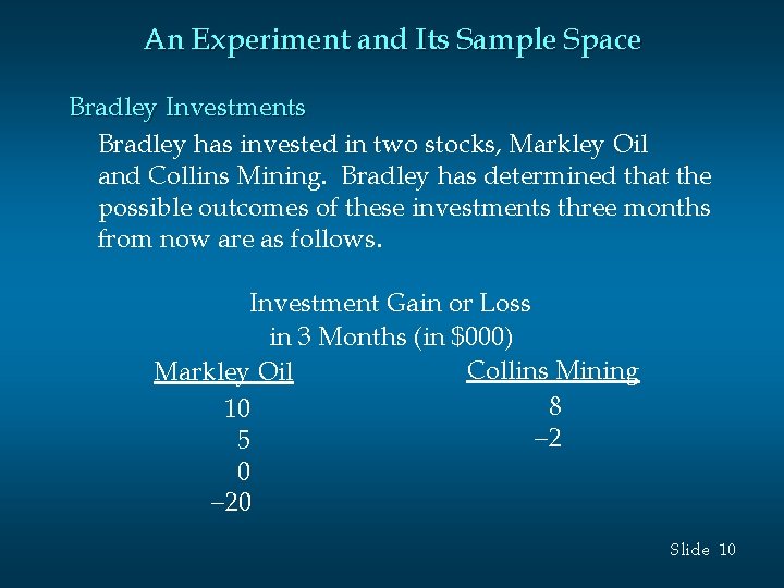 An Experiment and Its Sample Space Bradley Investments Bradley has invested in two stocks,