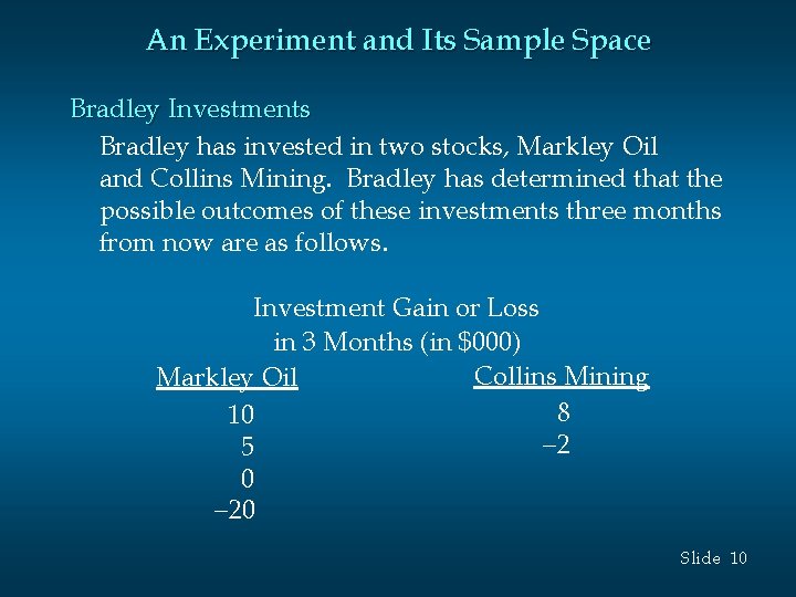 An Experiment and Its Sample Space Bradley Investments Bradley has invested in two stocks, An Experiment and Its Sample Space Bradley Investments Bradley has invested in two stocks,