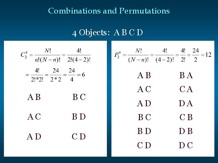 Combinations and Permutations 4 Objects: A B C D AB BC AC BD AD