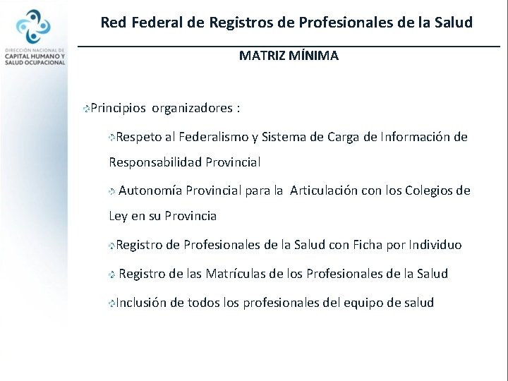 Red Federal de Registros de Profesionales de la Salud MATRIZ MÍNIMA Principios organizadores :