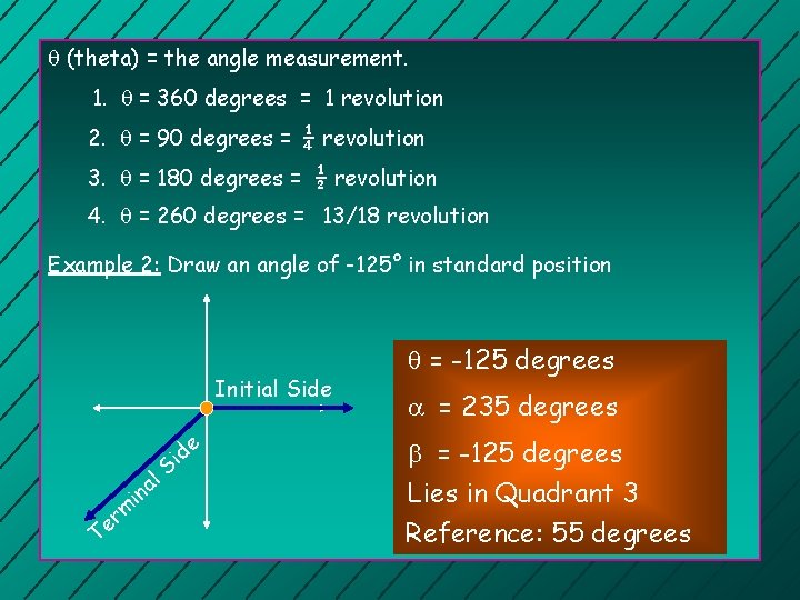  (theta) = the angle measurement. 1. = 360 degrees = 1 revolution 2.
