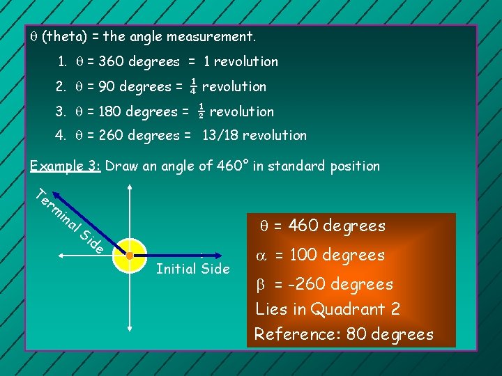  (theta) = the angle measurement. 1. = 360 degrees = 1 revolution 2.