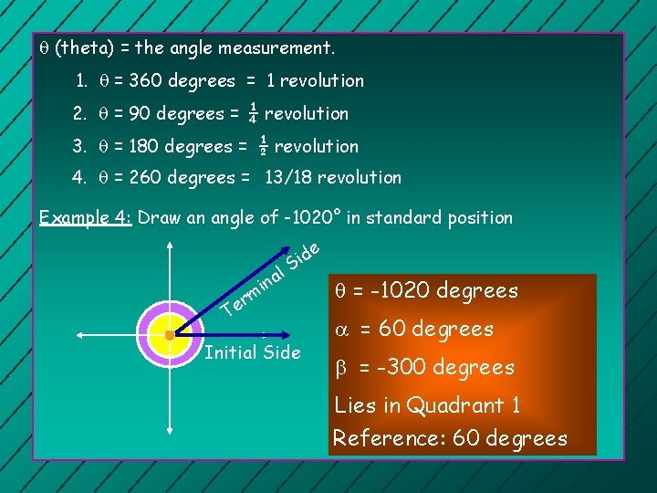  (theta) = the angle measurement. 1. = 360 degrees = 1 revolution 2.