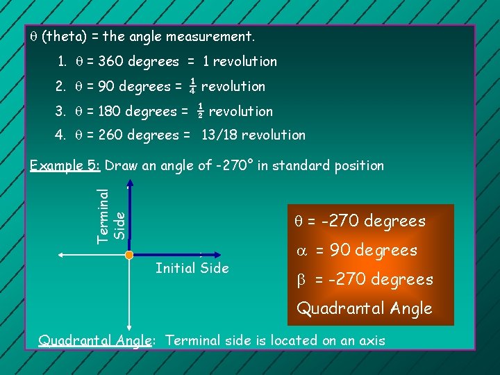  (theta) = the angle measurement. 1. = 360 degrees = 1 revolution 2.