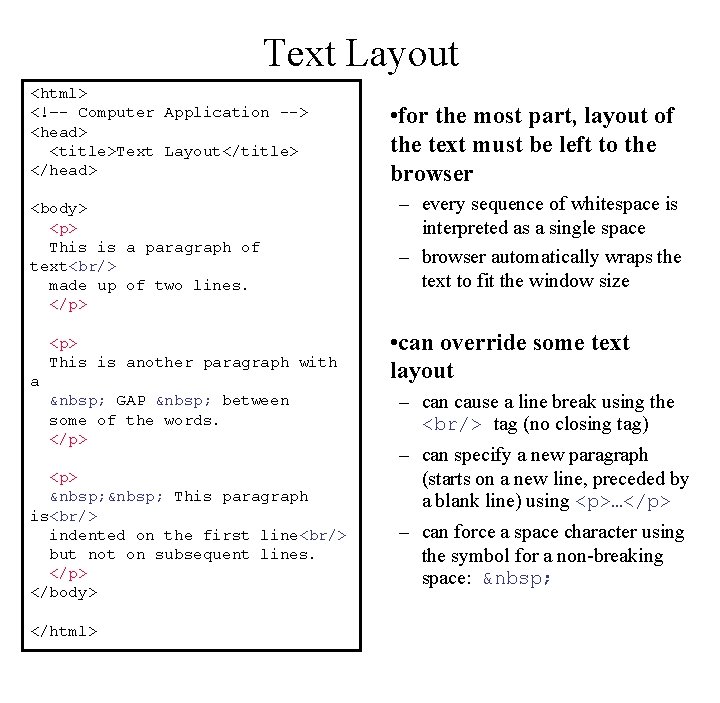 Text Layout <html> <!–- Computer Application --> <head> <title>Text Layout</title> </head> <body> <p> This