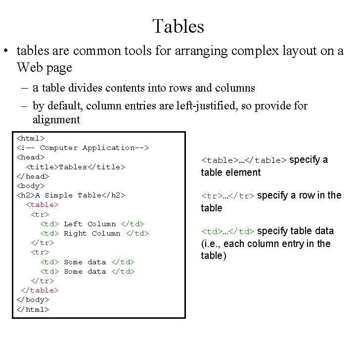 Tables • tables are common tools for arranging complex layout on a Web page