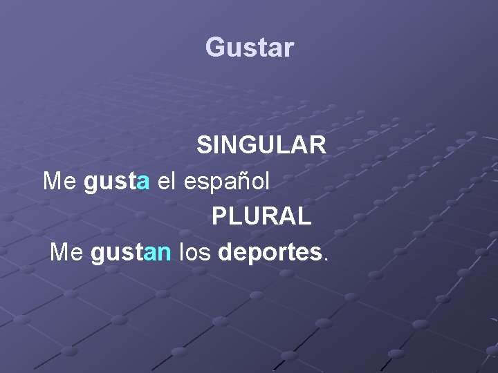 Gustar SINGULAR Me gusta el español PLURAL Me gustan los deportes. 