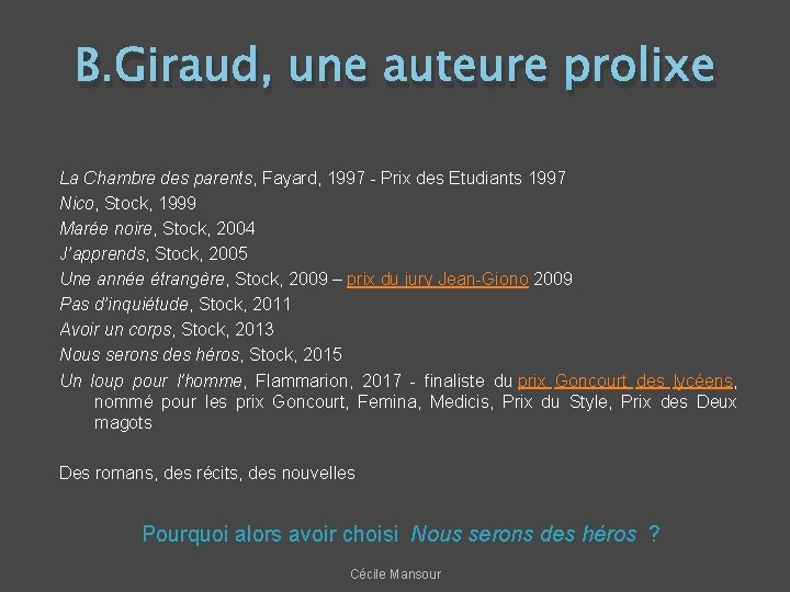 B. Giraud, une auteure prolixe La Chambre des parents, Fayard, 1997 - Prix des