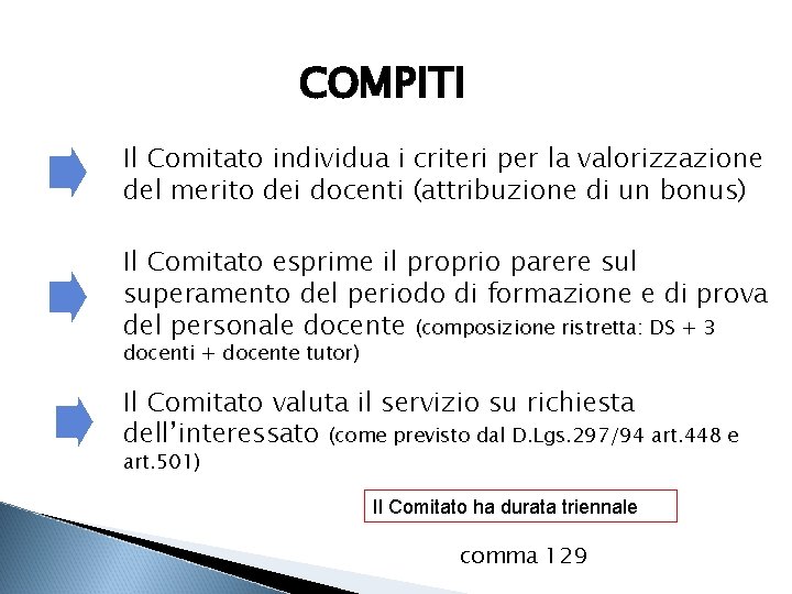 COMPITI Il Comitato individua i criteri per la valorizzazione del merito dei docenti (attribuzione