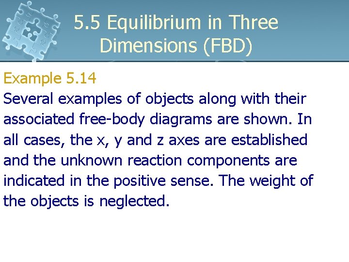 5. 5 Equilibrium in Three Dimensions (FBD) Example 5. 14 Several examples of objects 5. 5 Equilibrium in Three Dimensions (FBD) Example 5. 14 Several examples of objects