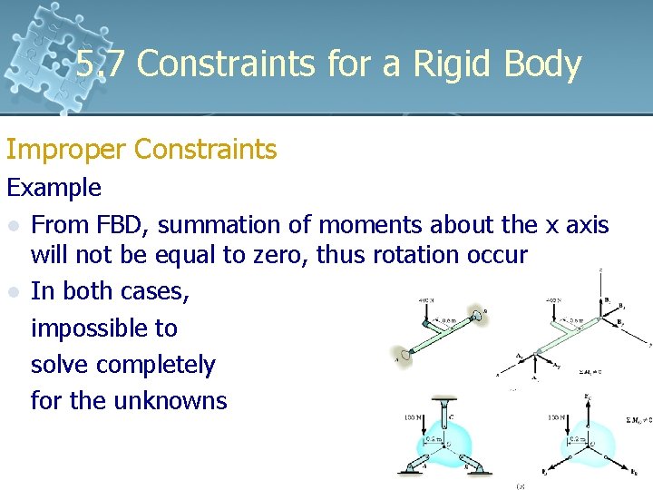 5. 7 Constraints for a Rigid Body Improper Constraints Example l From FBD, summation 5. 7 Constraints for a Rigid Body Improper Constraints Example l From FBD, summation