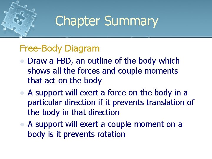 Chapter Summary Free-Body Diagram l l l Draw a FBD, an outline of the Chapter Summary Free-Body Diagram l l l Draw a FBD, an outline of the