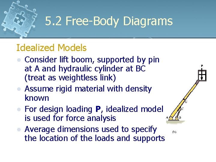 5. 2 Free-Body Diagrams Idealized Models l l Consider lift boom, supported by pin 5. 2 Free-Body Diagrams Idealized Models l l Consider lift boom, supported by pin