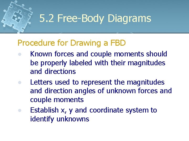 5. 2 Free-Body Diagrams Procedure for Drawing a FBD l l l Known forces 5. 2 Free-Body Diagrams Procedure for Drawing a FBD l l l Known forces
