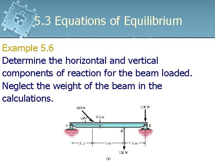 5. 3 Equations of Equilibrium Example 5. 6 Determine the horizontal and vertical components 5. 3 Equations of Equilibrium Example 5. 6 Determine the horizontal and vertical components
