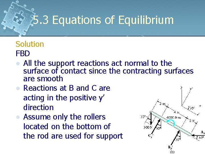 5. 3 Equations of Equilibrium Solution FBD l All the support reactions act normal 5. 3 Equations of Equilibrium Solution FBD l All the support reactions act normal