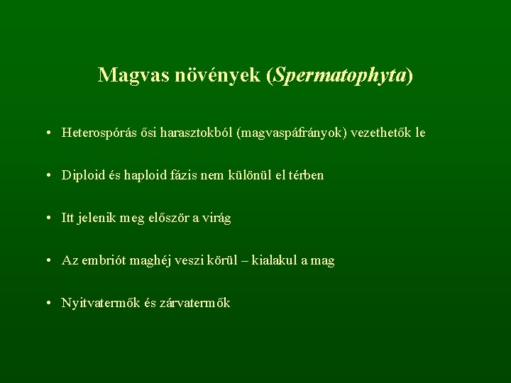 Magvas növények (Spermatophyta) • Heterospórás ősi harasztokból (magvaspáfrányok) vezethetők le • Diploid és haploid