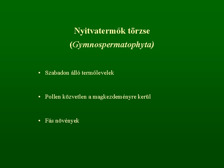 Nyitvatermők törzse (Gymnospermatophyta) • Szabadon álló termőlevelek • Pollen közvetlen a magkezdeményre kerül •