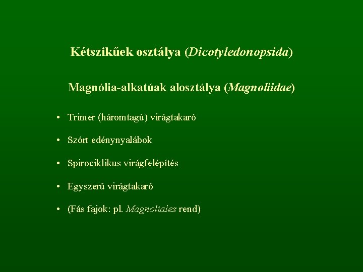 Kétszikűek osztálya (Dicotyledonopsida) Magnólia-alkatúak alosztálya (Magnoliidae) • Trimer (háromtagú) virágtakaró • Szórt edénynyalábok •