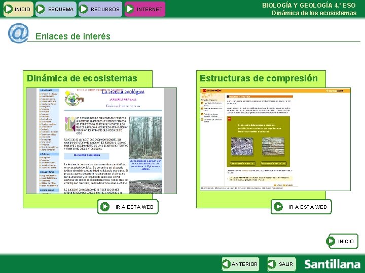 INICIO ESQUEMA RECURSOS BIOLOGÍA Y GEOLOGÍA 4. º ESO Dinámica de los ecosistemas INTERNET