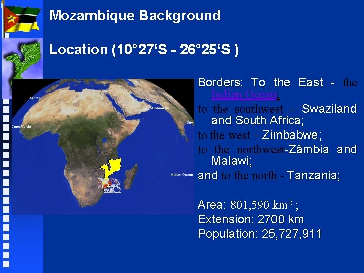 Mozambique Background Location (10° 27‘S - 26° 25‘S ) Borders: To the East -