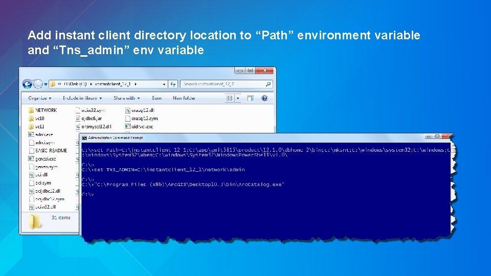 Add instant client directory location to “Path” environment variable and “Tns_admin” env variable 