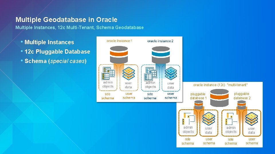 Multiple Geodatabase in Oracle Multiple Instances, 12 c Multi-Tenant, Schema Geodatabase • Multiple Instances