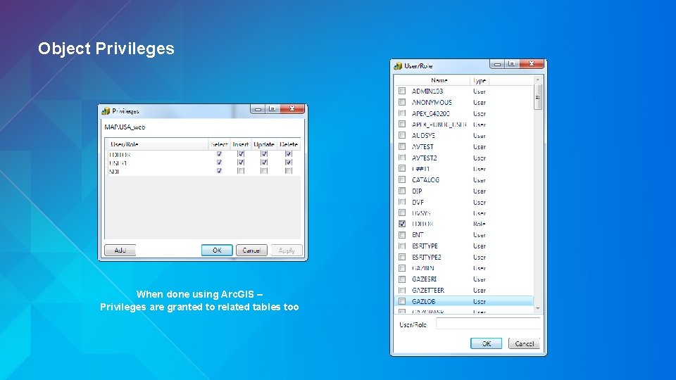 Object Privileges When done using Arc. GIS – Privileges are granted to related tables