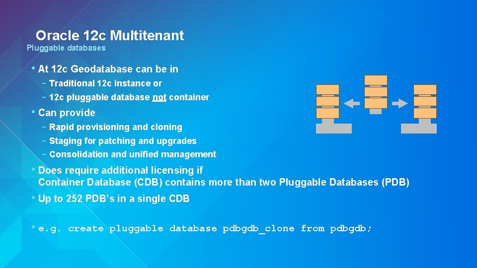 Oracle 12 c Multitenant Pluggable databases • At 12 c Geodatabase can be in