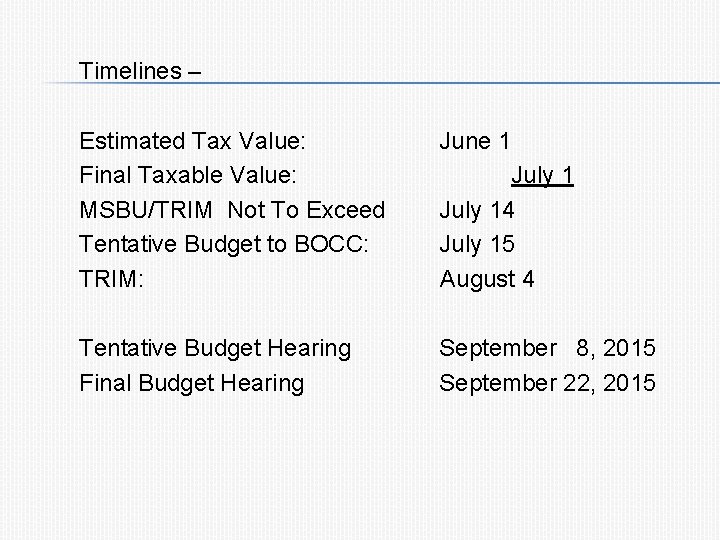 Timelines – Estimated Tax Value: Final Taxable Value: MSBU/TRIM Not To Exceed Tentative Budget