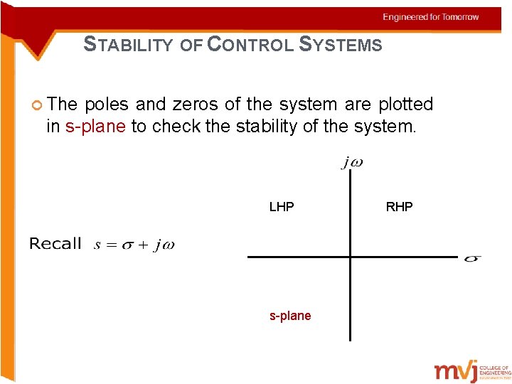 STABILITY OF CONTROL SYSTEMS The poles and zeros of the system are plotted in