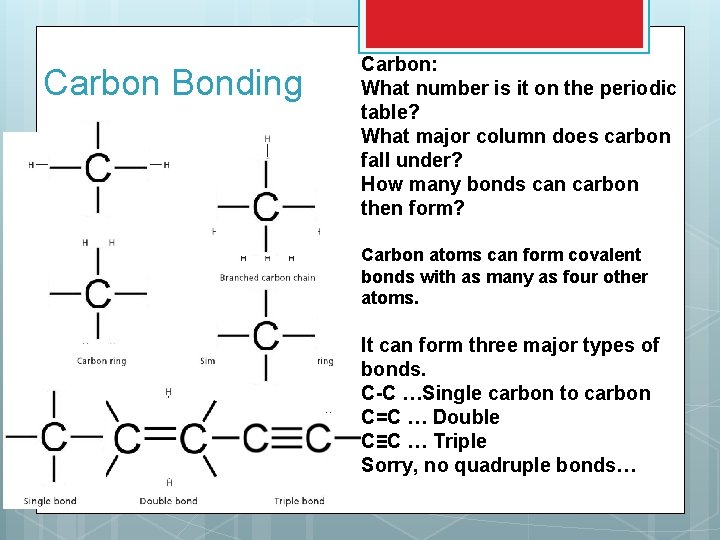 Carbon Bonding Carbon: What number is it on the periodic table? What major column