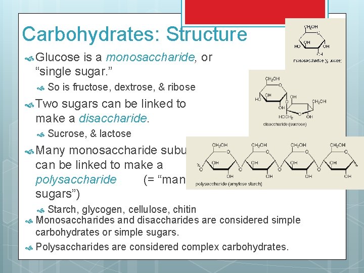 Carbohydrates: Structure Glucose is a monosaccharide, or “single sugar. ” So is fructose, dextrose,
