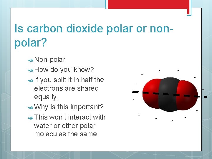 Is carbon dioxide polar or nonpolar? Non-polar How do you know? If you split
