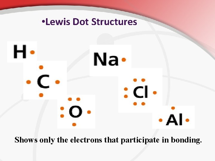  • Lewis Dot Structures Shows only the electrons that participate in bonding. 