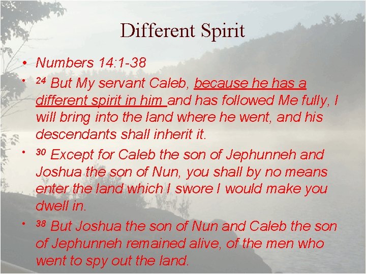 Different Spirit • Numbers 14: 1 -38 • 24 But My servant Caleb, because