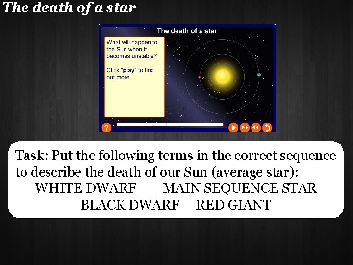 The death of a star Task: Put the following terms in the correct sequence