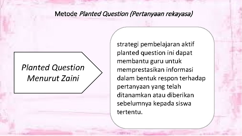 Metode Planted Question (Pertanyaan rekayasa) Planted Question Menurut Zaini strategi pembelajaran aktif planted question