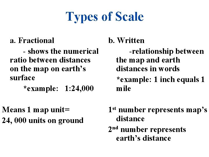 Types of Scale a. Fractional - shows the numerical ratio between distances on the