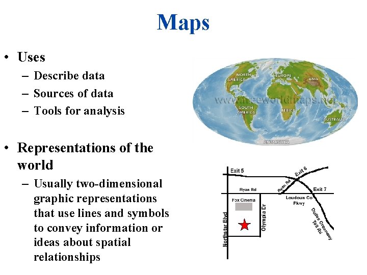 Maps • Uses – Describe data – Sources of data – Tools for analysis