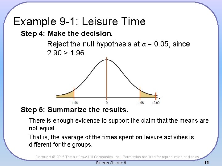 Example 9 -1: Leisure Time Step 4: Make the decision. Reject the null hypothesis