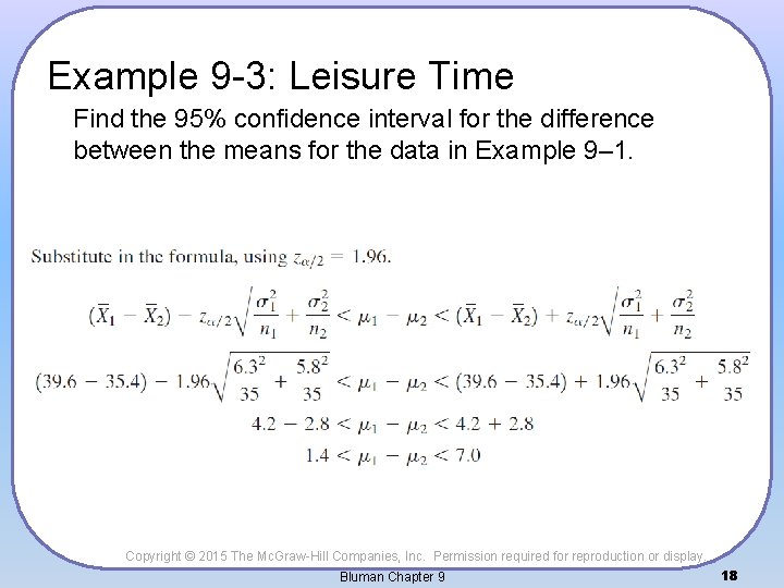 Example 9 -3: Leisure Time Find the 95% confidence interval for the difference between