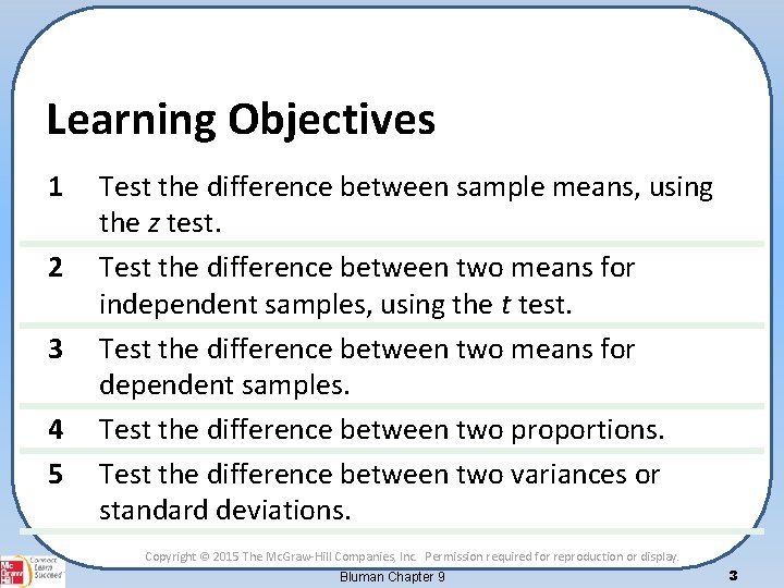 Learning Objectives 1 2 3 4 5 Test the difference between sample means, using