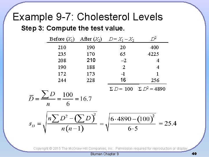 Example 9 -7: Cholesterol Levels Step 3: Compute the test value. Before (X 1)