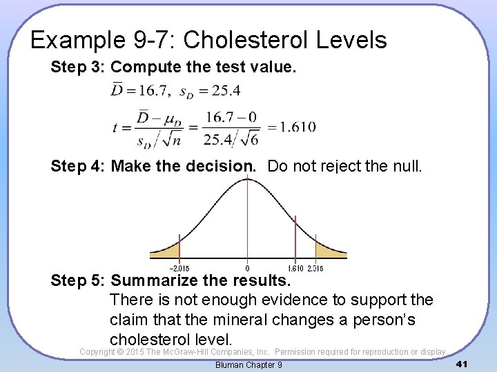 Example 9 -7: Cholesterol Levels Step 3: Compute the test value. Step 4: Make