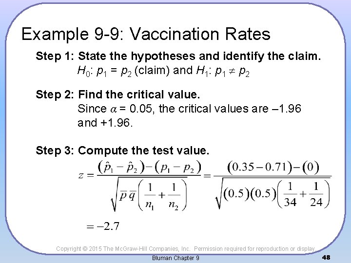 Example 9 -9: Vaccination Rates Step 1: State the hypotheses and identify the claim.