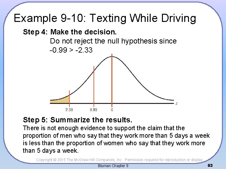 Example 9 -10: Texting While Driving Step 4: Make the decision. Do not reject