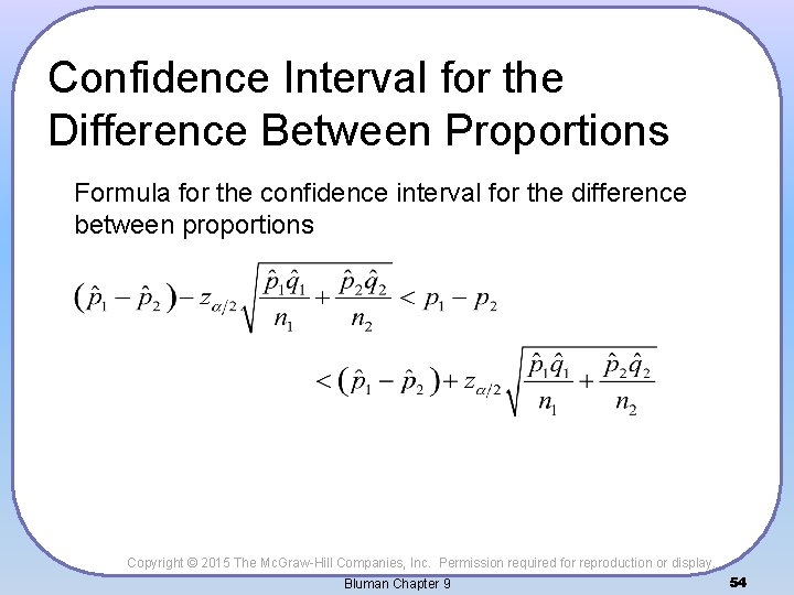 Confidence Interval for the Difference Between Proportions Formula for the confidence interval for the