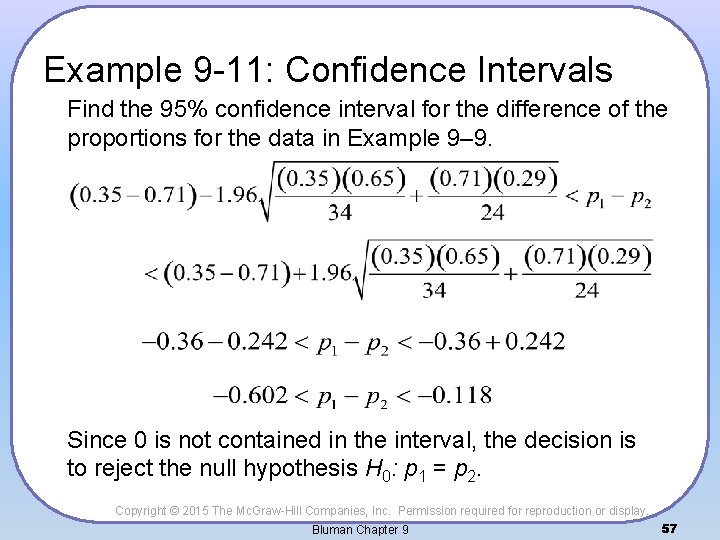 Example 9 -11: Confidence Intervals Find the 95% confidence interval for the difference of